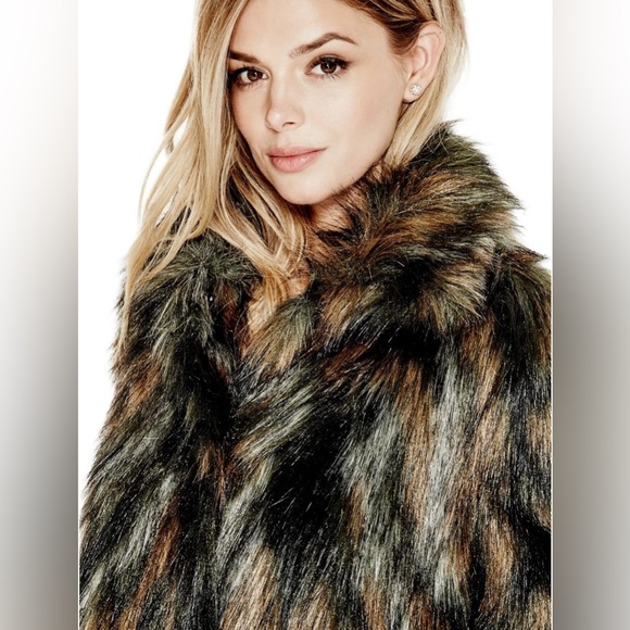 GUESS Faux Fur Coat in size medium black gray and tan colors - Picture 1 of 14